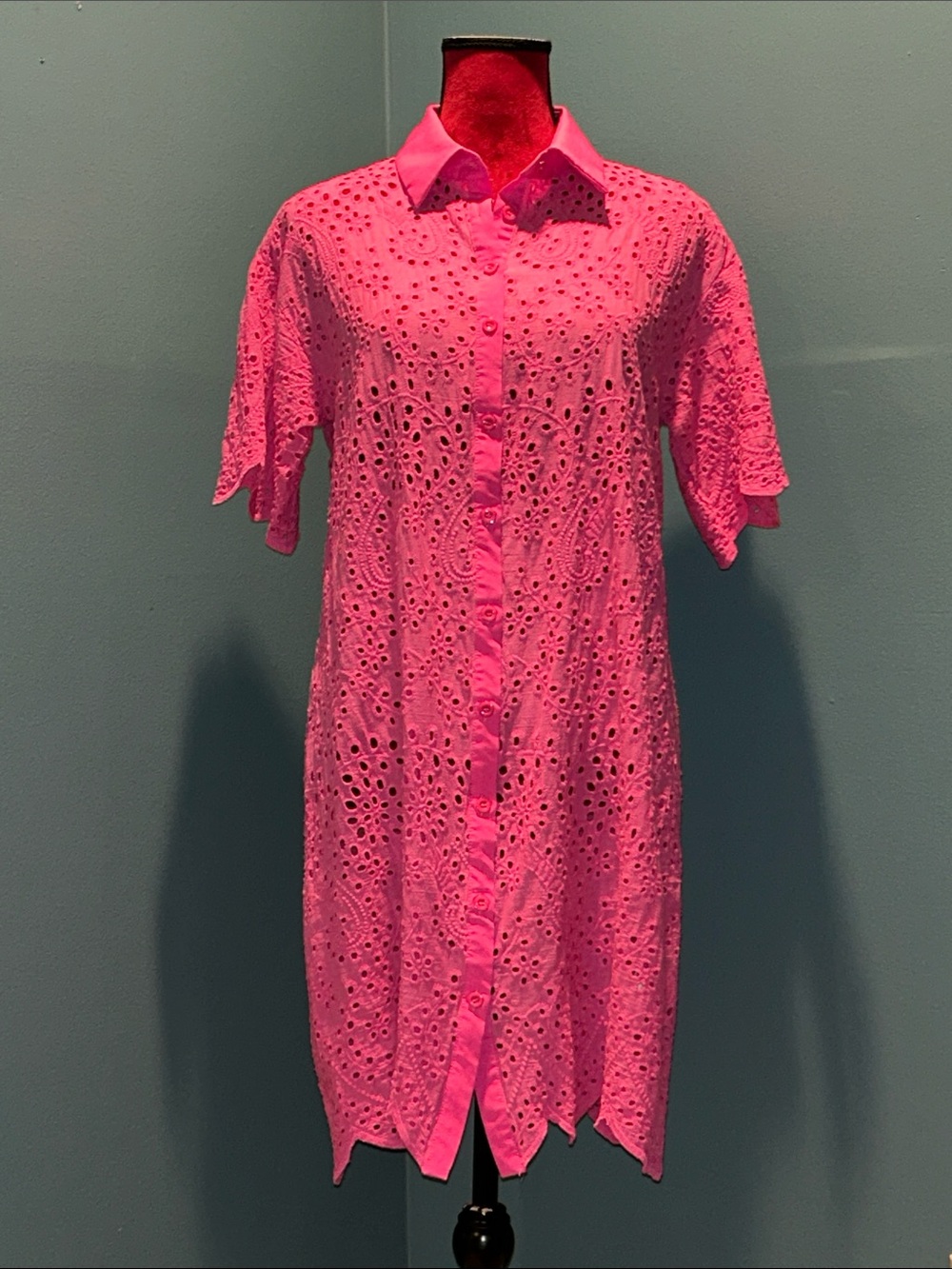 Button-Front Eyelet Shirt Dress - Hot Pink